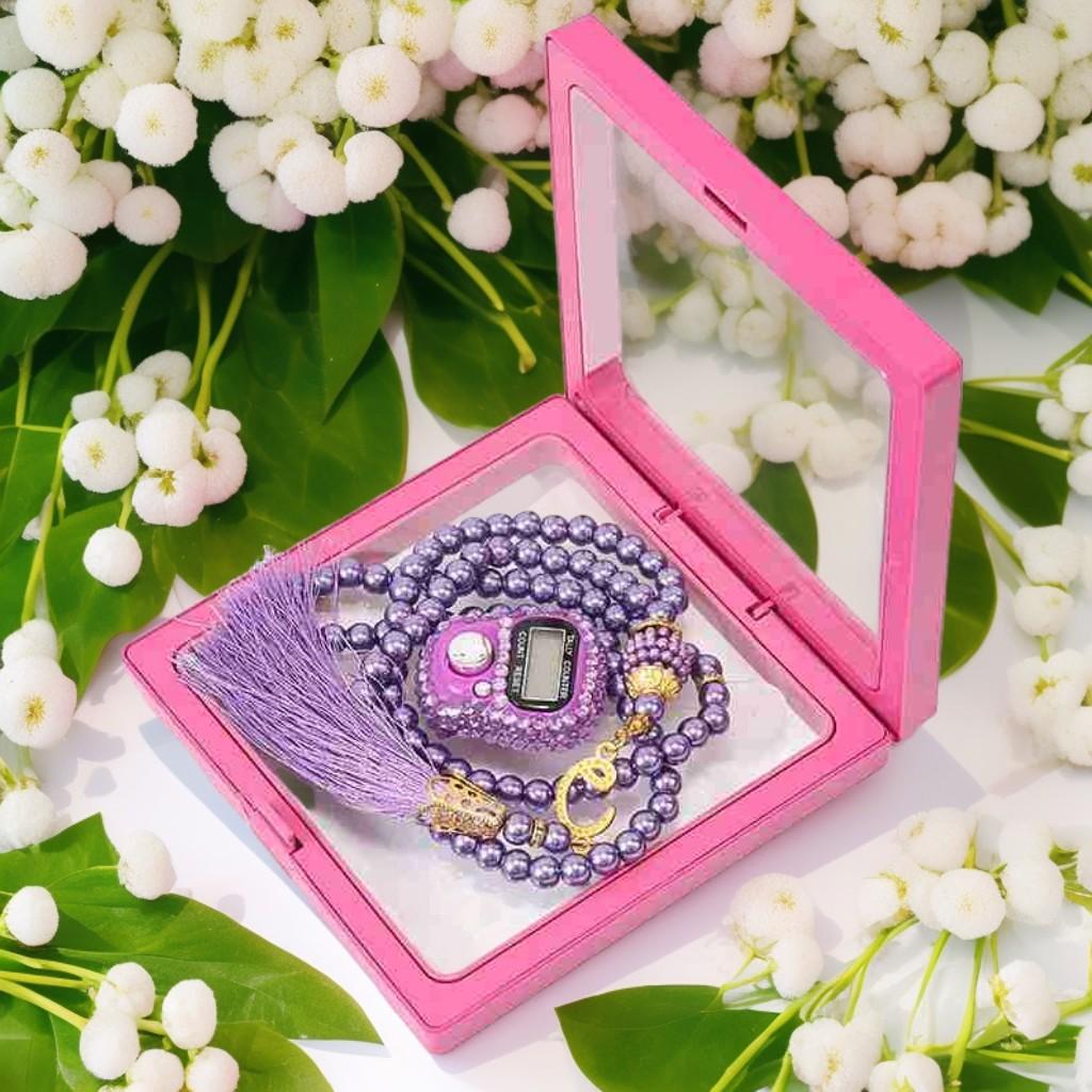 Handmade Glass 99 Beads Tesbih Digital Finger Tally Counter with Box Prayer Beads Rosary Tasbih Muslim counter