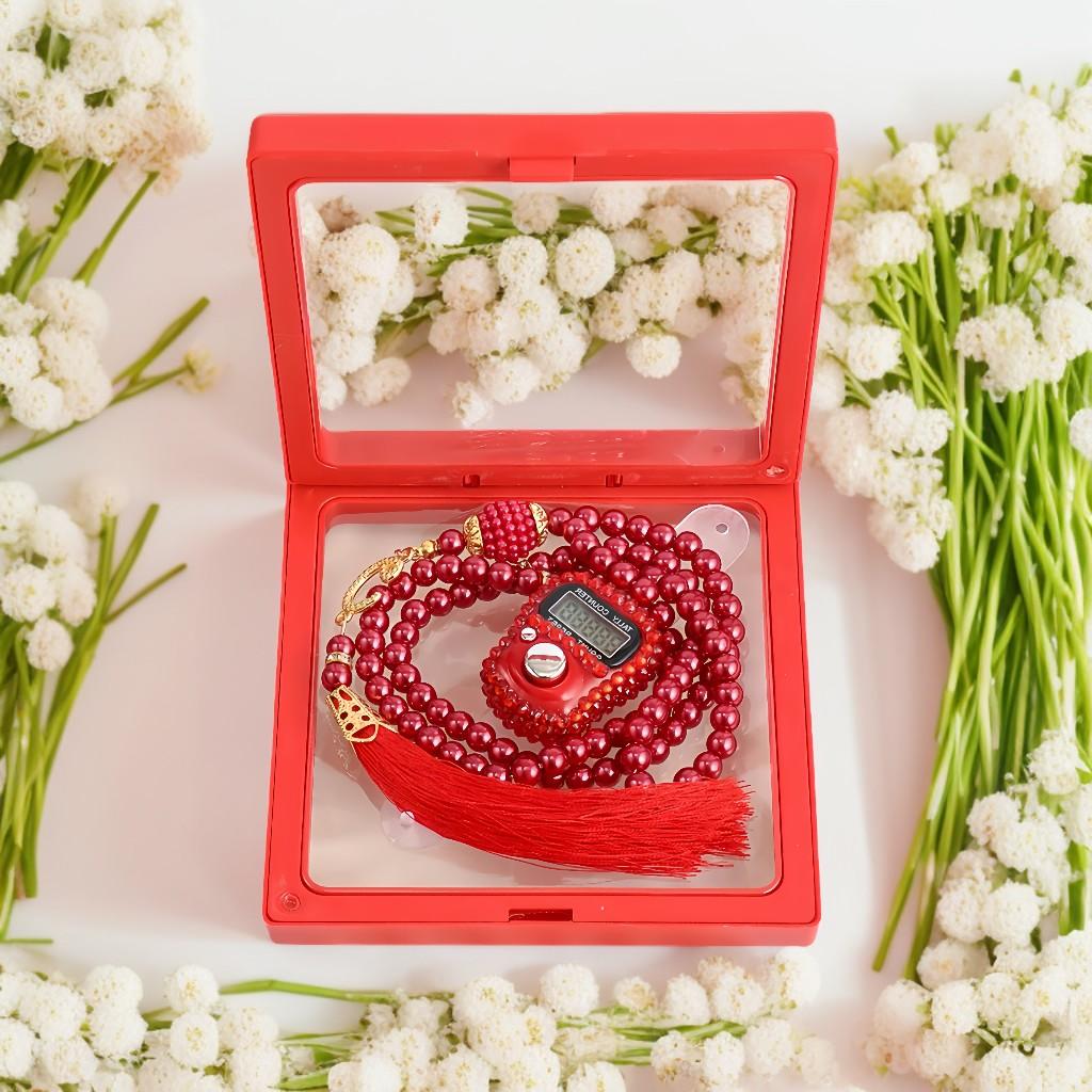 Handmade Glass 99 Beads Tesbih Digital Finger Tally Counter with Box Prayer Beads Rosary Tasbih Muslim counter