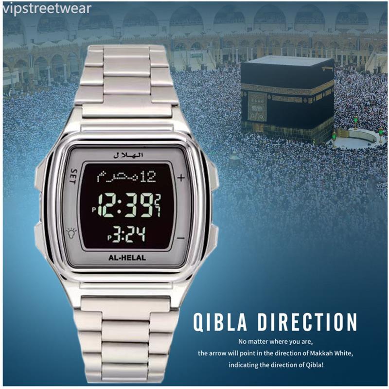 VIPstreetwear AL-HELAL Lelaki Wanita Digital Arah Kiblat Islam Azan Kompas untuk Solat Muslim Jam Tangan Keluli Tahan Karat 2024'S
