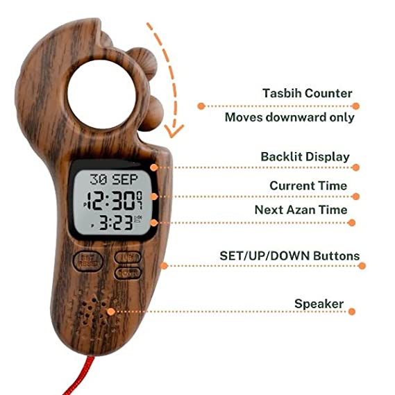 READY STOCK，Azan Clock With Tasbih Digital Athan Watch Qibla Direction Backlight Hijri Calendar Multi-Language
